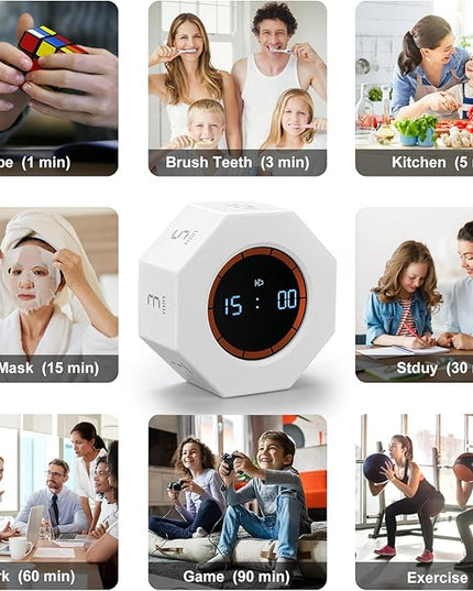 Rechargeable Pomodoro Timer, 8-Angle Auto-Rotating Screen with Gravity Sensor, Digital Timers for Classroom, Small Kitchen Timers for Cooking, Work and Study (Pearl White)