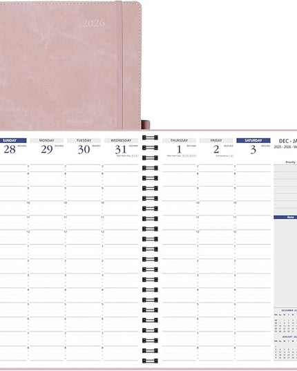 POPRUN 2026 Weekly Planner (A4-8.25'' x 11.75''), Quarter-Hourly Appointment Book (Jan. 2026 to Dec. 2026) with Monthly Tabs, Spiral Softcover, 2 Inner Pockets, Pen Holder - Pink