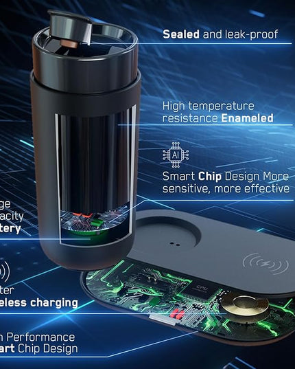 LEGARDLILIU Temperature Control Heated Coffee Mug Smart Self Heating Travel Mug 12 Oz App Controlled Warmer Mug 4-10 Hour LED Display Keep Coffee Hot Fast Wireless Charger Base Iron Black