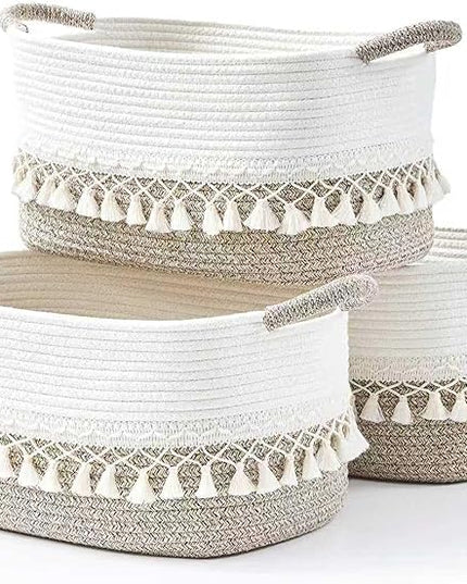 Storage Bins Woven Baskets for Storage Set of 3, Cotton Rope Basket with Handles for Toys/Shelves/Laundry, Rectangle Multi-Purpose Organizer for Living Room, Bedroom, Nursery (White/Beige)