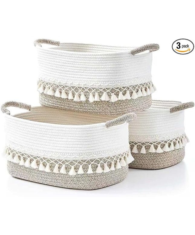 Storage Bins Woven Baskets for Storage Set of 3, Cotton Rope Basket with Handles for Toys/Shelves/Laundry, Rectangle Multi-Purpose Organizer for Living Room, Bedroom, Nursery (White/Beige)