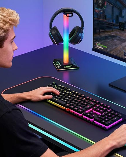 RGB Gaming Headset Stand, LED Headset Holder with 10 Lighting Modes, Headphone Stand Cool Stuff for Boys, Desk PC Gaming Accessories Gifts for Gamers Men Adult, Medium