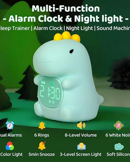 Dinosaurs Alarm Clock with Night Light for Kids with Sleep Training and Sound Machine, Rechargeable Silicone Lamp OK to Wake Clock，Cute Animal Tabletop Lamp, Perfect Sleep Companion for Boys Girls