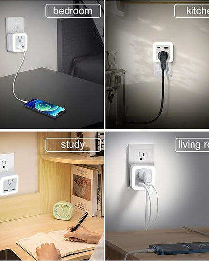 JackonLux Night Lights Plug Into Wall 2 Pack Rechargeable Battery Backup Light Dusk to Dawn Sensor Night Light with Outlet Expander for Adults Kids Bedroom, Kitchen, and Bathroom (Daylight - 5000K)