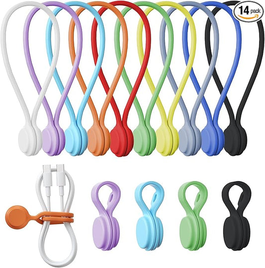 Tounee Reusable Silicone Magnetic Cable Ties - 2 Sizes Combo (4pcs 2.95'' + 10pcs 7.68'') - Multi-Purpose for Cable Bundling, Organizing, Bookmarks & Fridge Magnets - Assorted Colors, 14-Pack