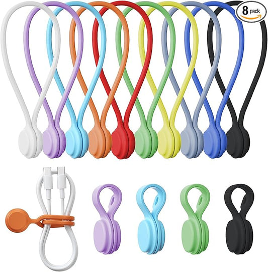 Tounee Reusable Silicone Magnetic Cable Ties - 2 Sizes Combo (4pcs 2.95'' + 4pcs 7.68'') - Multi-Purpose for Cable Bundling, Organizing, Bookmarks & Fridge Magnets - Assorted Colors, 8-Pack