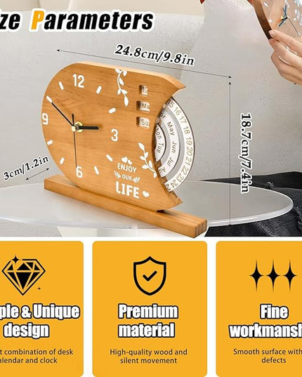 2-in-1 Wooden Analog Clock & Calendar - Silent No Ticking Desk Clocks Perpetual Calendar for Office, Bedroom, Study - Vintage Home Shelf Table Decor - Flip Date, Month & Day of The Week