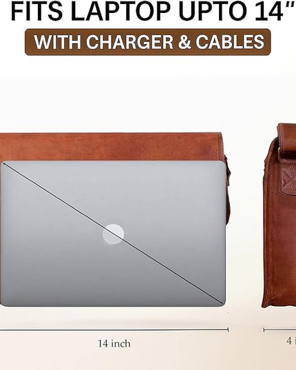 RUSTIC TOWN 14" Leather Messenger Bag for Men & Women – Full Grain Vintage Crossbody Satchel – Fits 13.3"/14" Laptop – Ideal Briefcase for Work, Travel & College – Adjustable Shoulder Strap