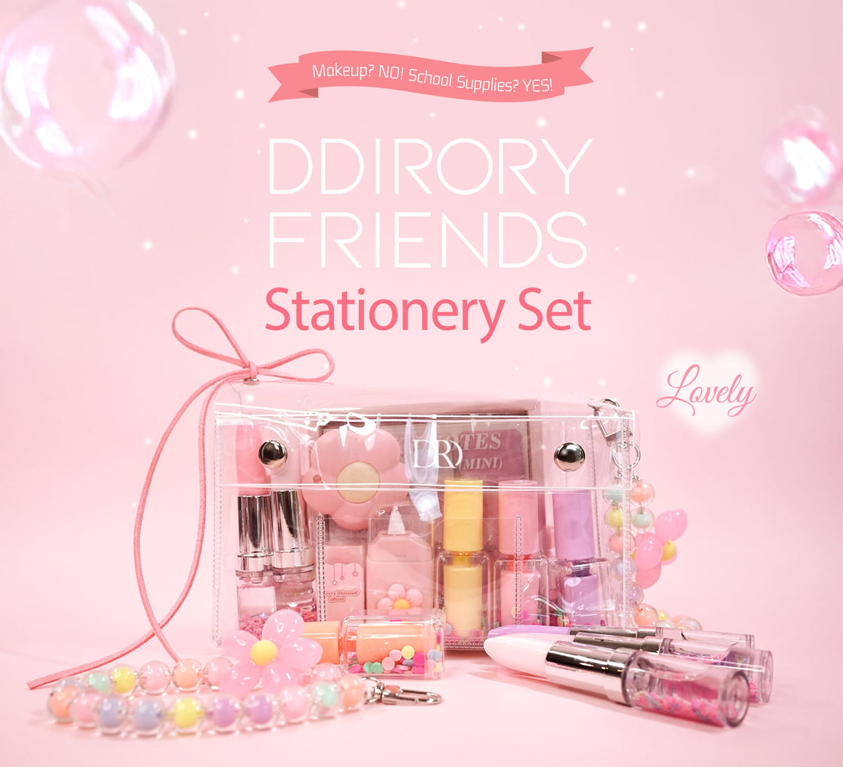 DDIRORY FRIENDS 18 Pcs Cute Pink Stationery Set Aesthetic Makeup Shaped School Supplies Kawaii Office Supplies Kit Highlighters Pens Eraser Everlasting Pencil Sticky Notes Pouch Gift for Girls
