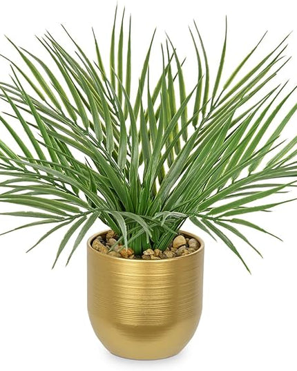 Hollyone Large Artificial Potted Plants Fake Palm Plants 13" Faux Tropical Palm Plant Tree in Gold Metal Pots for Home Room Office House Indoor Decoration