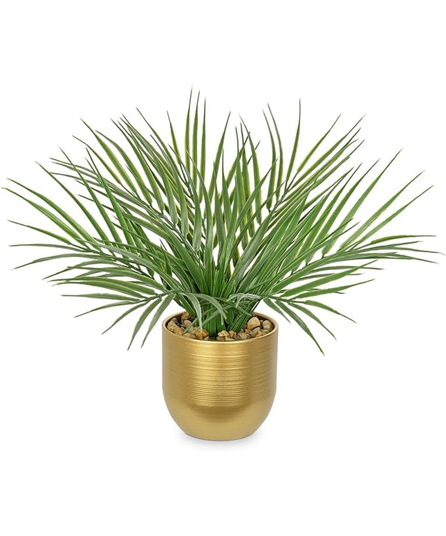 Hollyone Large Artificial Potted Plants Fake Palm Plants 13" Faux Tropical Palm Plant Tree in Gold Metal Pots for Home Room Office House Indoor Decoration