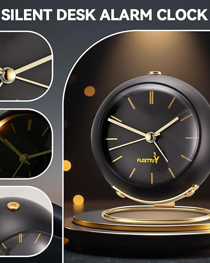 FLOITTUY Silent Table Analog Alarm Clock No Ticking, Lighted on Demand and Battery Operated, Beep Sounds, Small Desk Clock(Shiny Black)