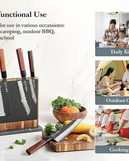 HEZHEN Double-sided Magnetic Knife Holder without Knives, Acacia Wood Knife Block with Leather Cover, Space-saving Knife Storage, Strong Enhanced Magnets Strip, Non-slip Marble Base