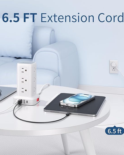 Surge Protector Power Strip 6.5 FT Cord, Power Strip Tower with 4 USB Ports (1USB C), Extension Cord with 12 AC Multiple Outlets, Home Office Supplies Desk Accessories, Dorm Room Essentials