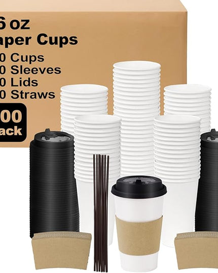 Coolcap 16 oz 500 Pack Coffee Cups with Lids and Sleeves, Straws, Hot Disposable To Go Travel Paper Cups Bulk for Office, Home Coffee Bar Accessories, Chocolate, Cocoa, Beverage (White)
