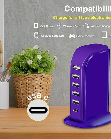iPhone Charger Fast Charging Upoy, Multi Device USB Charging Station, 6 Ports USB Blocks, Power Adapter 1 USB C + 5 USB A Ports, Kawaii Electronics Accessories, Essentials for Travel, Vacation, Home