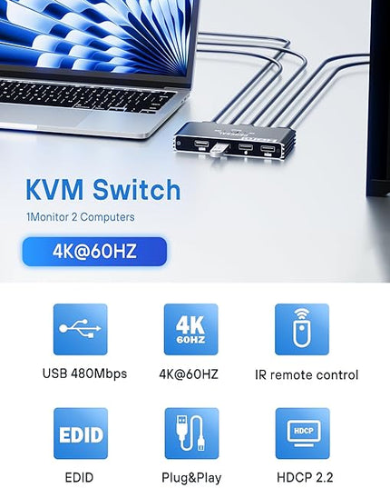 USB KVM Switch, KVM Switch 1 Monitors 2 Computers, HDMI Switch, 4K@60Hz KVM Switches for 2 Computers Sharing 1 Monitor, 4 USB Devices Such as Keyboard, Mouse, Printer, Scanner