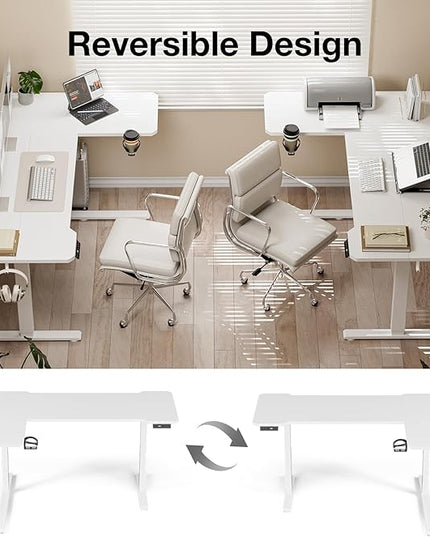 59 Inch L Shaped Standing Desk Adjustable Height, Electric Corner Standing Desk, Sit Stand Computer Table with Reversiable Splice Board,White