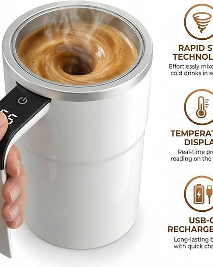 Automatic Magnetic Stirring Coffee Mug with Temperature Display, Rechargeable Self Stirring Mug, Portable Coffee Mug for Home Office Travel (White)