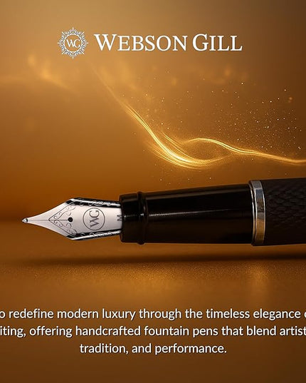 Webson Gill Show Up' Black Luxury Executive Fountain Pen, Woven Lacquer & Chrome, Medium Nib, Smudge Free, No Bleed, Use Any Fountain Ink with Included Converter, Fits Cartridges (sold separately)