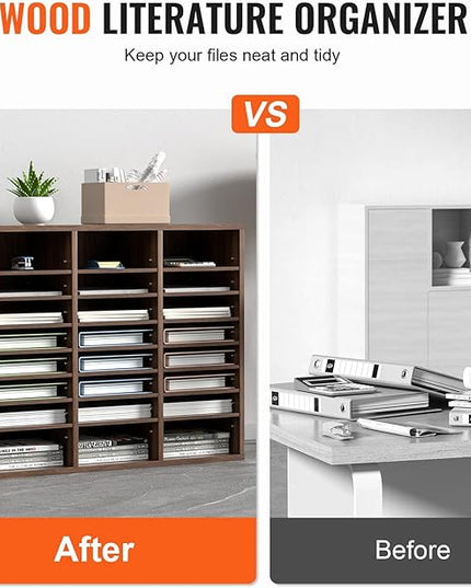 VEVOR 24-Compartment Office Mailbox, Adjustable Shelves, Wood Literature Sorter 29x12x24.4 inches – Ideal for Office, Home, Classroom, Mailrooms Organization – EPA Certified (Brown)