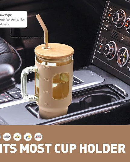 Glass Tumbler with Straw and Lid, 40 oz glass cup with handle, Glass Water Bottles with Time Marker, Silicone Protective Sleeve-Amber