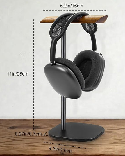 GEVO Headphone Stand for Desk, Walnut Wood & Aluminum Headset Stand, Universal Walnut Gaming Headset Holder with Solid Heavy Base for AirPod Max, Bose, Sony All Headphone Sizes (Square Base)