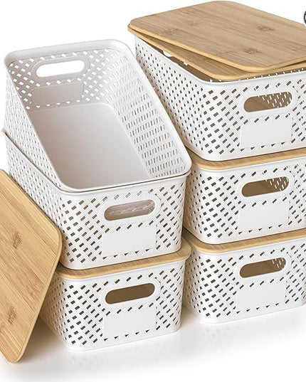 Plastic Storage Bins with Bamboo Lids, Stackable Small Box Baskets for Organizing and Containers for Shelves Drawers Desktop Closet Pantry Classroom Office Home, 6 Pack 10.2x7.2x4.1 Inch, White