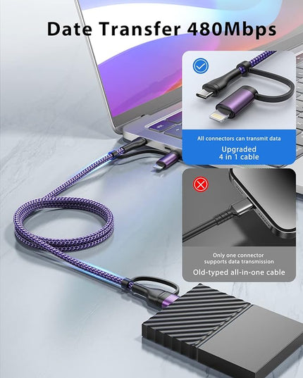 4-in-1 USB C Cable, USBC Lightning Cable USB C to C Charging Cable 60W PD [Fast & Data Sync] 4 in 1 Multi Charger for iPhone 16 15 14 13 12,MacBook Pro 2024 iPad mini 6/Pro,Samsung Galaxy