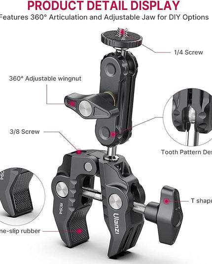 ULANZI Super Clamp Camera Clamp Mount Monitor 360° Ballhead Magic Arm Double Ball Head Adapter with 1/4"-20 & 3/8"-16 Thread ST-07 Phone Tripod Mount