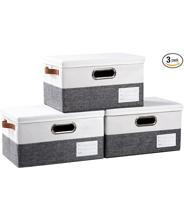 PRANDOM Storage Boxes with Lids [3-Pack] Linen Fabric Foldable Storage Bins Organizer Containers Baskets Cube with Cover for Closet Office Nursery Grey&White（11.4X8.6X6.7