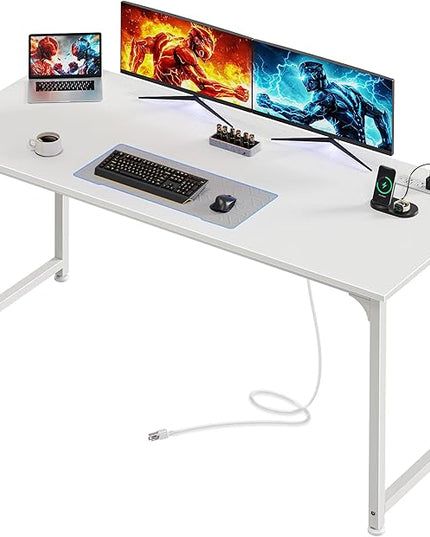 PRAISUN 54 X 20 Inch Office Computer Desk with Power Outlets and USB-C Port, Larger and Longer Gaming Desk, for Home Office, Study, Bedroom, Writing Work from Home Table, Metal Frame, White