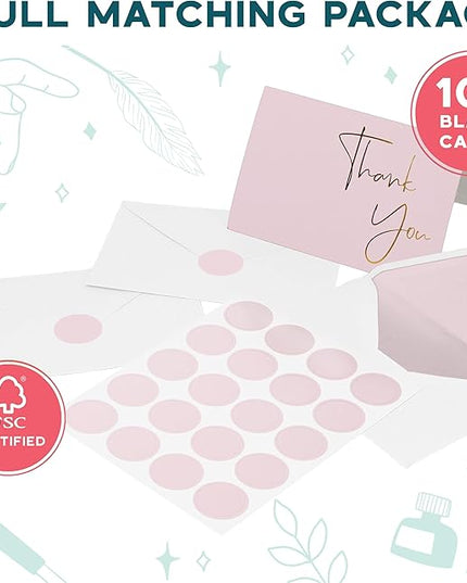 VNS Creations Gold Foil Thank You Cards With Envelopes Bulk Set & Stickers - 100 Pack 4x6 Blank Thank You Notes Box Set - Large Note Card Small Business, Wedding, Baby Shower & Bridal Shower - Lilac