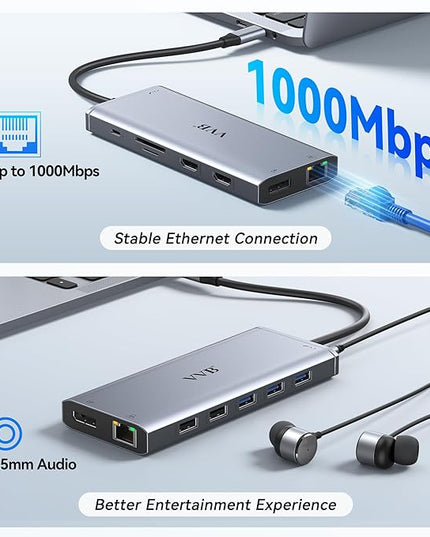 USB C Laptop Docking Station Dual Monitor HDMI for Dell/HP/Lenovo Laptop Type C Hub Multiport Adapter Dongle Dock,USB C to 2 HDMI+DisplayPort DP+Ethernet+100W USB C Power Charge Port+5USB+SD/TF+Audio