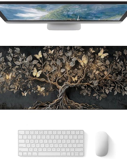 Large Mouse Pad Gaming Mousepad 31.5 x 11.8 Inch Keyboard Desktop Mat Diatomite XL Mouse Pad for Home and Office Desk Accessories with Golden Tree Butterfly Glow Artwork Diatomite