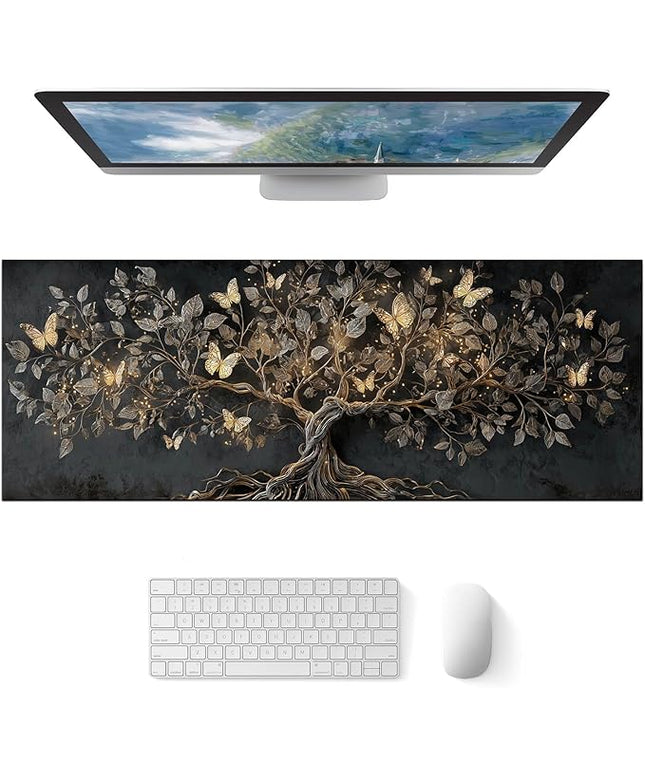 Large Mouse Pad Gaming Mousepad 31.5 x 11.8 Inch Keyboard Desktop Mat Diatomite XL Mouse Pad for Home and Office Desk Accessories with Golden Tree Butterfly Glow Artwork Diatomite