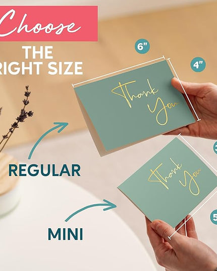 VNS Creations Gold Foil Thank You Cards With Envelopes Bulk Set & Stickers - 100 Pack 4x6 Blank Thank You Notes - Large Note Card Small Business, Wedding, Baby Shower & Bridal Shower - Granite Green
