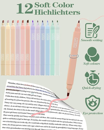 54PCS Aesthetic School Supplies with Large Pencil Case,12 Pastel Highlighters,5 Black & 6 Color Ink Gel Pens, 6-in-1 Ballpoint Pen,5 Mechanical Pencils 0.5-2.0mm Student Essentials (Green)