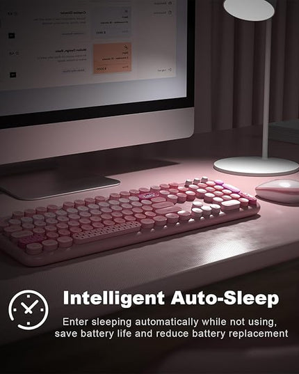 MOFII Wireless Keyboard and Mouse Combo, Full Size 2.4G Plug and Play Typewriter Retro Round Computer Keyboard and Mouse Set for Windows, Computer, Desktop, PC, Notebook - (Pink Colorful)