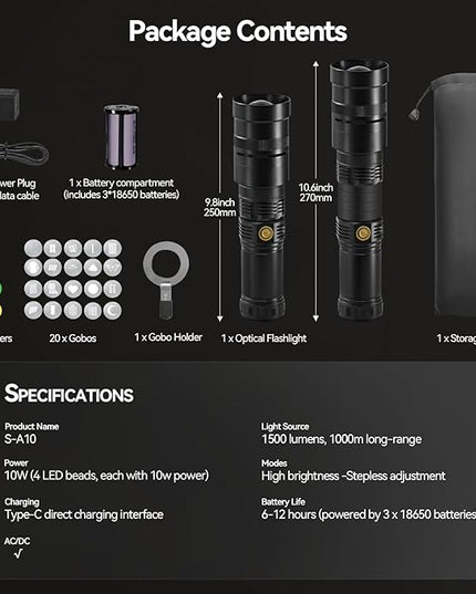 WELLMAKING 15W LED Photography Flashlight Optical Glass Lenses, 7800mAh Aluminum Alloy Patterned Ambient Light, with 20 Patterned Light Filters for Photo, Content Creation Video Recording Accessorie
