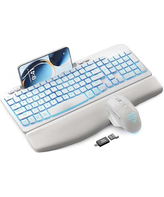 SABLUTE Wireless Keyboard and Mouse Combo - Ergonomic Wave Keyboard with Soft Leather Wrist Rest, Phone Holder, Rechargeable, RGB Backlit Mouse, Full-Size Set for Windows/Mac/Computer (White)
