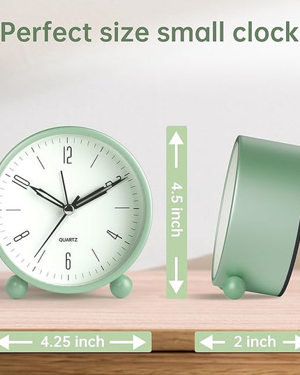Analog Alarm Clock, 4 inch Super Silent Non Ticking Small Clock with Night Light, Battery Operated, Simple Design, Old Fashioned Style Ideal Decor, for Bedroom, Bedside, Desk, Adult, Kid, Gift, Green