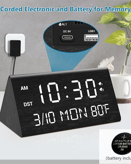 Kogonee Wooden Digital Alarm Clock, 0-100% Dimmer, 2 Alarm Settings, Weekday/Everyday Mode, 9 Mins Snooze, 12/24H, Temperature and Date Display for Office, Travel, Bedroom Alarm Clock (Black)