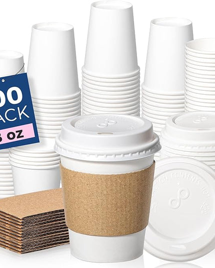 Fit Meal Prep 100 Pack 8 oz Disposable Coffee Cups with Lids, Sleeves, Leak-Proof To Go Coffee Cups with Lids, Durable Hot Paper Cups for Hot Cocoa and Coffee Bar Supplies