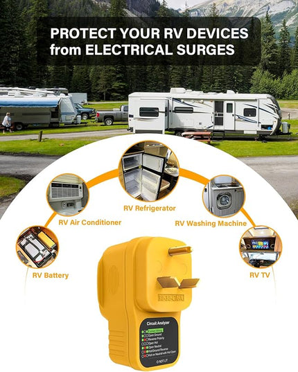 30 Amp RV Surge Protector with Display Screen, Real-Time Voltage Monitor, Circuit Analyzer, 30A Male to Female Plug, 2100 Joules Surge Protection, LED Indicator Lights for Camper & Travel Trailer