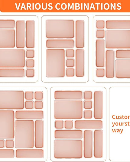 45 Pack Pink Plastic Drawer Organizer Trays - 3-Size Storage for Kitchen, Bathroom, Office, Vanity, Makeup, Utensils, Junk Drawer Organizer Bins, Gadget Trays