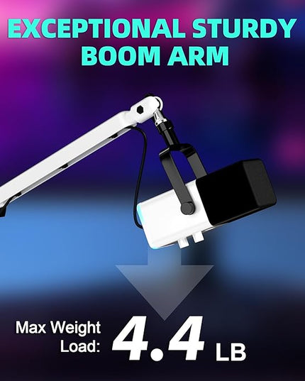 Low Profile Mic Arm Microphone Boom Arm Professional Adjustable with 15cm Riser Solid Desk Mount Clamp Cable Management Microphone Holder Stand for Podcast Streaming Gaming Mic Stand White