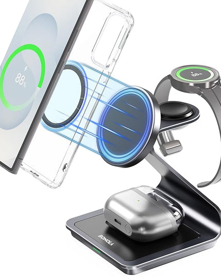 Bonola Wireless Charger for Samsung: Magnetic 3 in 1 Wireless Charging Station for Samsung S25 S24 Ultra S23 S22 S21, Aluminum Alloy Charger Dock Stand for Galaxy Watch Ultra/7/6/5/4, Buds 2/2 Pro