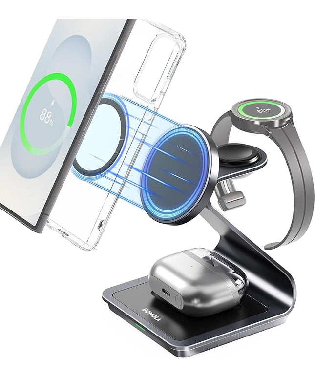 Bonola Wireless Charger for Samsung: Magnetic 3 in 1 Wireless Charging Station for Samsung S25 S24 Ultra S23 S22 S21, Aluminum Alloy Charger Dock Stand for Galaxy Watch Ultra/7/6/5/4, Buds 2/2 Pro