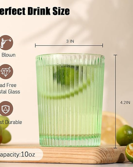Ribbed Juice Glasses 10 oz. Set Of 6 Glass Cups - Drinking Beverage Tumblers for Soda, Water, Milk, Coke, and Spirits, Durable Heavy Bottom Juice Glassware-For Home and Bars